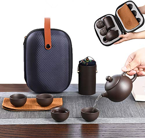 Zliger Juego De Té Kungfu Arcilla Morada Juego De Tetera con 1 Tetera + 4 Tazas De Té + 1 Estera De Té + 1 Cubo De Té + Bolsa Protectora Portátil para Té A Granel o Té En Flor