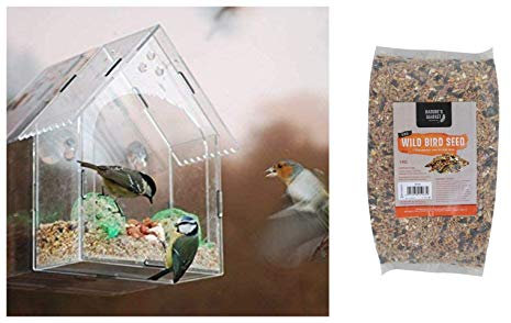 garden mile® Clear Hanging Perspex Squirrel proof Window Bird Feeder with 1kg Bag of Bird Feed Seed Hanging Bird Nut Seeds Bird Feeder Outdoor Garden Patio Wild Birds Wildlife Food