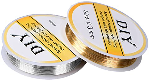 Zeayebsr 2 Rollen Schmuckdrähte 20m/Rolle Schmuckdraht 0,3 mm Kupferdraht Basteldraht Schmuck Faden Reissfest für Basteln Armbänder Schmuckverarbeitung - 18K Golden Silber