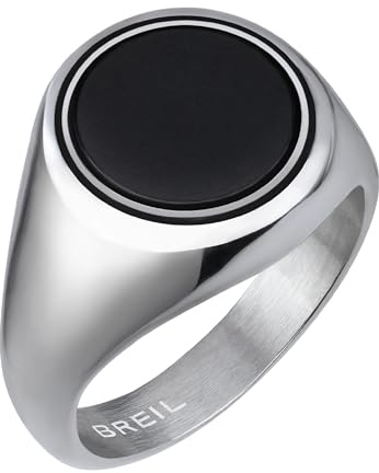 Breil, Anello Collezione Code, Anello in Acciaio Lucido con Pietra Tonda in Onice Nera, dal Design Semplice e Minimal