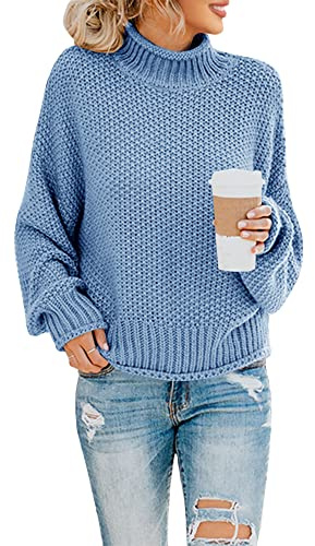 Saodimallsu, Maglione da Donna con Collo Alto, Oversize, a Pipistrello, a Maniche Lunghe, in Morbido Maglione a Maglia Grossa, Casual, Blu, S