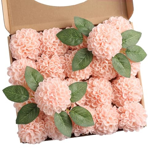N&T NIETING Set med 20 konstgjorda Dahlia-blommor med blad och stjälkar | Konstgjorda skumblommor för bröllop, buketter, bordsuppsatser, arrangemang, bord och dekoration