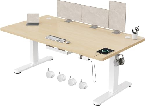 Devoko Escritorio Elevable 160x80cm con Tablero de 18 mm, Ruedas y Puerto Type-C, Escritorio Eléctrico, Regulable en Altura con Bandeja de Gestión de Cables (Beige)