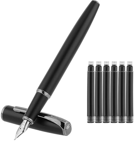 TIESOME Metall Füllfederhalter Set, 0.5 mm Luxus Feine Spitze Glatter Schreibstift Mattierter Iridium Füllfederhalter Inklusive 6 2.6 mm Tintenpatronen Füller für Journaling Kalligraphie Schulbüro