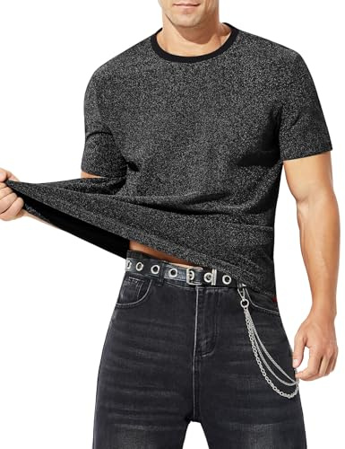 Mauro Kane T Shirt Paillette Homme Sequin Disco Tee Shirt Paillettes Sexy Haut Scintillant pour Danse Clubwear Festival Noir XL