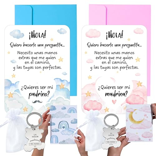 Skrapkort vill du vara min gudmor och gudfader? Personlig nyckelring | Originalpresent till gudmor och gudfader | 2 st + färgade kuvert | Personligt kort för att meddela baby dop