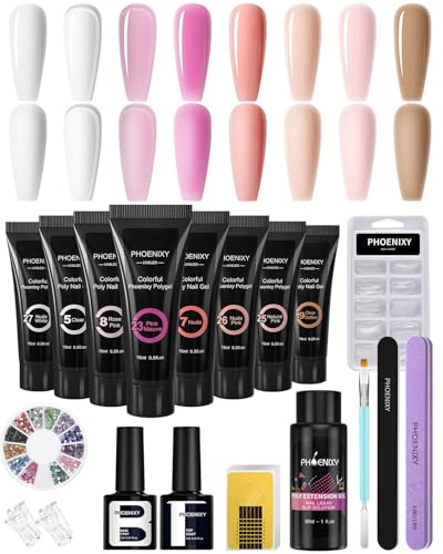 Phoenixy Set Unghie Gel Ricostruzione 8 Colori 15 ML Acrygel Unghie Ricostruzione Rosa Nudo Bianco Base Coat e Top Coat Kit Unghie Gel Completo Regali Per Donne