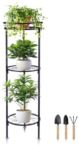 Mulaibdin 3 Livelli Porta Piante da Interno, Porta Vasi da Esterno, Piedistallo per Piante Nero, Porta Vasi in Ferro con Attrezzi Giardinaggio Mini, Scaffale Supporto per Piante per Giardino,Balcone