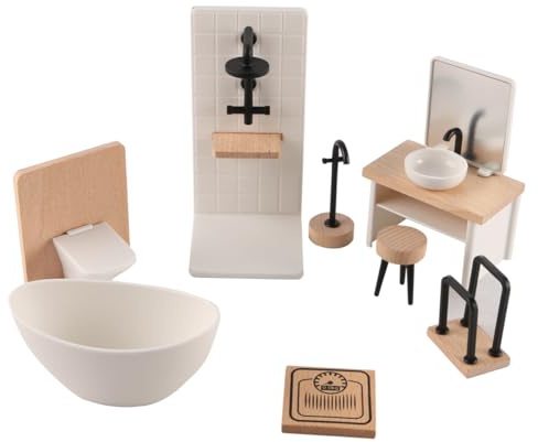 Sarini Juego de baño para casa de muñecas, Modelo de simulación en Miniatura, Inodoro, bañera, Mueble de baño de Madera con Lavabo, 1 Juego