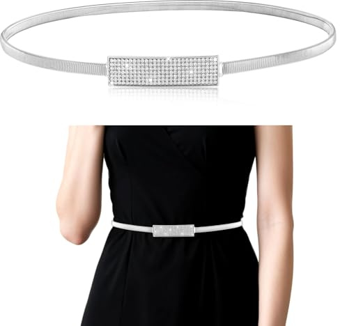 Lusofie Metall midjebälte dam tunt höftbälte silver trendigt stretchbälte justerbart smalt elastiskt strassbälte kedjebälte klänning cinch för klänningar, silver, 72 cm