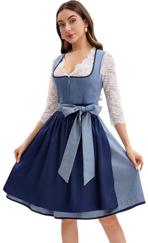 Goxozzy Dirndl - Abito da Donna in Velluto con Grembiule Dirndl per Oktoberfest Lungo, Taglie 34-44, Lunghezza 60 cm, Blu 34