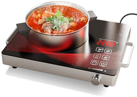 Gveyajo Portable Ceramic Hob, Single Electric Hob Plug in, Portable Countertop Single Burner with Timer, Safety Lock, Over Heat Protrction, Child Safety Lock, 2200W, 220-240V