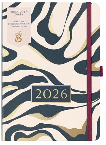 Busy B A5 2026 Diary - Busy Life Weekly Planner Journal – Life Diary for Students, Teachers, & Work with Dual Schedules, Year Calendar, Pen Loop, Pockets & Elastic Closure - Fabric Charcoal Marble