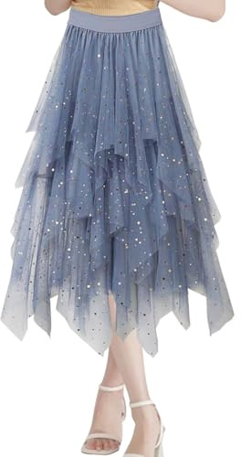 LUKIUP Gonna Nera Lunga, Gonna Lunga in Tulle a Vita Alta Elastica Irregolare Estiva per Quotidiana, Carnevale, Party Cosplay