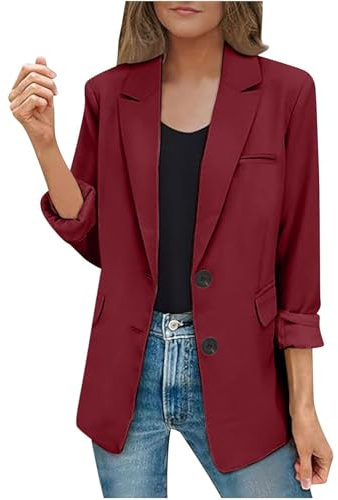 Generisch Veste d'hiver mi-saison pour femme, veste de loisirs enroulable, manches longues, ouverte sur le devant, pour le travail, le bureau, les affaires, Bordeaux, M