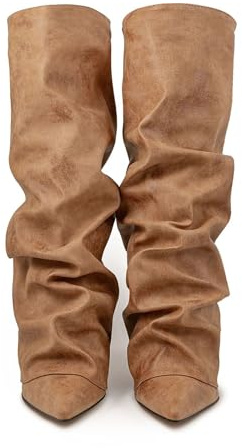 2026 Stivali alti al ginocchio da donna alla moda a punta tacco grosso impilati slouchy polsino piegato sopra il per le donne elegante comodo elegante casual inverno autunno, Marrone, 39.5 EU
