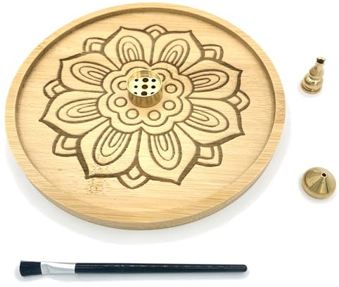 CBRVTY 5 en 1, diseño de loto, soporte para incienso, bambú, 15,5 cm de diámetro, cenicero grande con 3 varillas de latón para accesorios de meditación