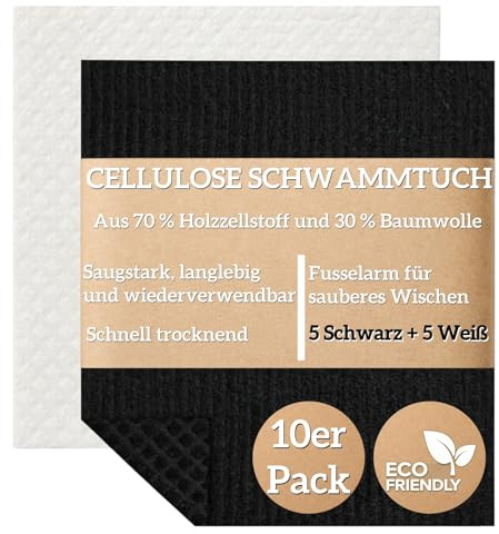 zeostmont Diskdukar, svart och grå, 10-pack (5+5) – svenska disktrasor av 70 % cellulosa och 30 % bomull, tvättbara svamptrasor/rengöringsdukar kök, absorberande (svart och vit)