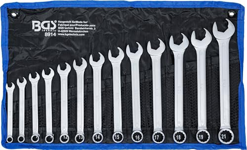 BGS 8914 | Maul-Ringschlüssel-Satz | 13-tlg. | Maulseite mit Ratschenfunktion | SW 8 - 21 mm | inkl. Tetron-Rolltasche | Gabelringschlüssel