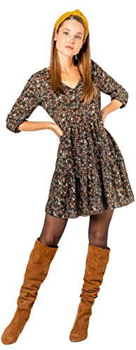 Sublevel Damen Kleid Frühling und Sommer mit Blumen-Muster Blumenkleid Langarm Green M/L
