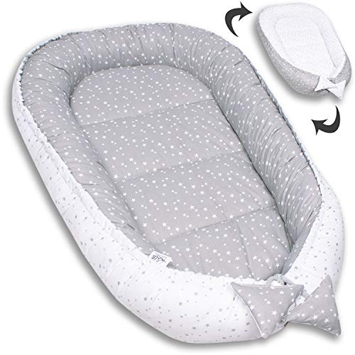 PaLulli nido per bebè nido per bebè 50x90 cm bozzolo, 2 lati, 100% cotone, nido per lettino, nido per coccole, cuscino, lettino da viaggio per neonati e bambini (stella F)