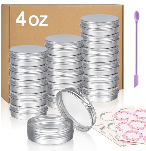 Aluminum Tin Cans, 24pcs 4 OZ Metal Round Tins Containers with 4pcs Stickers and A Double-ended Scraper Set for Candles Making and Storage