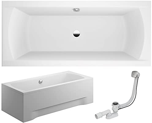 VBChome Baignoire 190 x 90 cm en acrylique avec tablier, siphon et baignoire rectangulaire avec pieds - Design moderne - Bonde complète en chrome Alcaplast