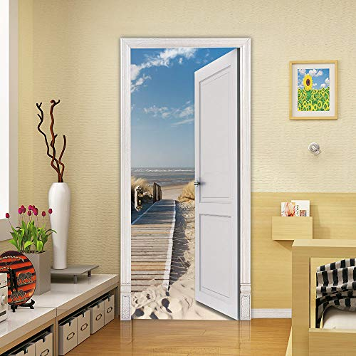 3D Porte Adesivi Murales Autoadesive - Strada della spiaggia - Stickers Decorativi da Parati per Porte PVC Poster Decal per Porte per Soggiorno Camera 77 x 200 cm