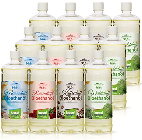 KieselGreen Bioethanolo 12 x 1 litro con Fragranza per Caminetto a Etanolo – Bio-etanolo profumato per Ambienti, molte Fragranze - Profumo per Caminetto a bioetanolo da Interno o da Tavolo