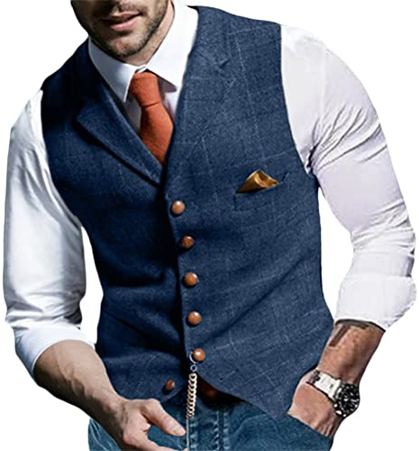 Onsoyours Veste de Costume pour Homme Slim Fit Gilet Casual Tweed Soiree Formelle Veste sans Manches pour Mariage A Bleu XL