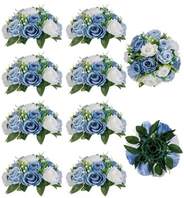 BLOSMON Flower Centerpieces for Tables Wedding 10 Pcs Dusty Blue Fake Flowers Rose Arrangement Bouquet Floral Centerpiece Balls Artificial Wedding Center Pieces of Valentines Day Home Party Decor