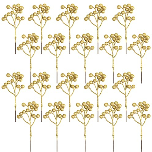 Fangoo 20 Pack 18cm Christmas Artificial Gold Berries Stems for Christmas Tree Xmas Holly Berries Burgundy Gold Berries Picks Berry Branches Xmas Wreath Crafts Wedding Winter Home Decoration