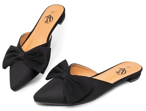 Trary Mules for Women Flats, Pointed Toe Womens Mules with Heels, Black Mules Shoes for Women, Bow Mules Women's Flats, Slip On Flats Flat Mules, Backless Loafers for Women, Women's Mules & Clogs