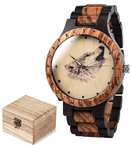 Kvartsur för män, viking varg trä tryck urtavla, handgjord trä graverad analog armbandsur klocka.