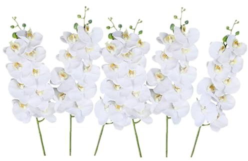 NatureMan 27inch Tall Artificial Phalaenopsis Flowers 6 Pcs White Artificial Orchid Flowers Stem Plants for Home Wedding Décor