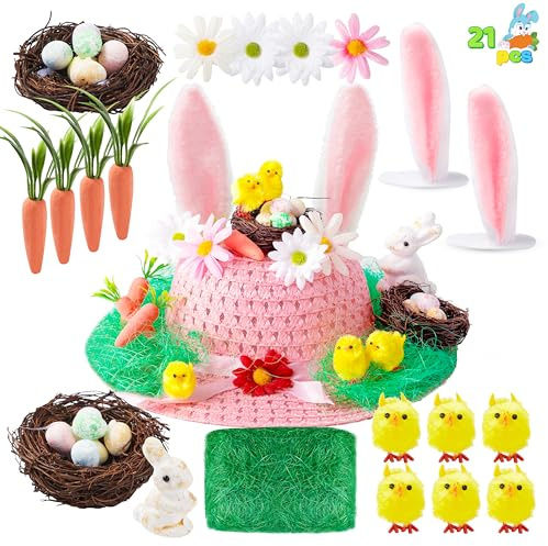 JOYIN Kit de Gorro de Pascua, Juego de Manualidades para Hacer tu Propio Sombrero de Pascua con Pollito, Conejito, Zanahoria, Orejas de Conejo, Nido, Hierba, Flor para Decoraciones y Manualidades de