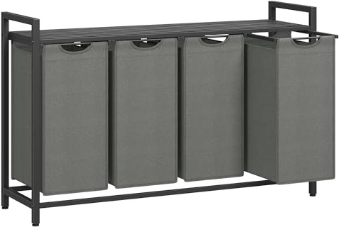 VASAGLE Cesto Portabiancheria, Porta Biancheria, 4 Sacchi in Tessuto Rimovibili, Piano d’Appoggio, Metallo, 4 x 40 L, 116 x 33 x 72 cm, Grigio Ardesia e Grigio Antracite BLH401G01