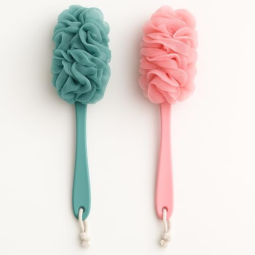 His & Hers Loofah Bath Brush Set - Ergonomic Long-Handled Back Scrubbers, Soft PE Loofah for Gentle Exfoliation, Spa Experience at Home, Pink & Blue, Easy Hang & Quick Dry Design for Couples
