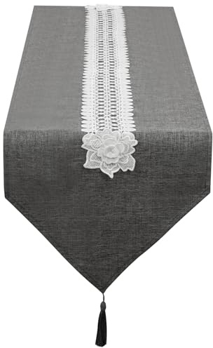 SANLEHAUSE Camino de Mesa de Lino Gris 40 x 300 cm Moderno, Camino de Mesa con Borlas Bordadas, Liso, Elegante y de fácil Cuidado para Mesa de Comedor, Mesa de Centro, Restaurante, Decoración