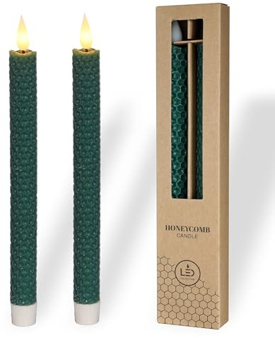comforder Real Wax LED Candles with Flickering Flame (Set of 2), Electric Taper Candles with Timer Function, Honeycomb Look. (Moss Green)