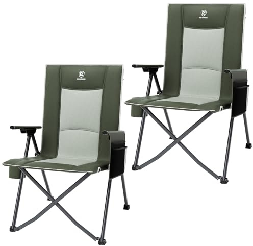 EVER ADVANCED Luxury Camping Chair Folding for Adults Set of 2 Heavy Duty 350lbs, Garden Chair Reclining Padded with Cup Holder Side Pocket, Foldable with 4-Position Adjustable Back, Green