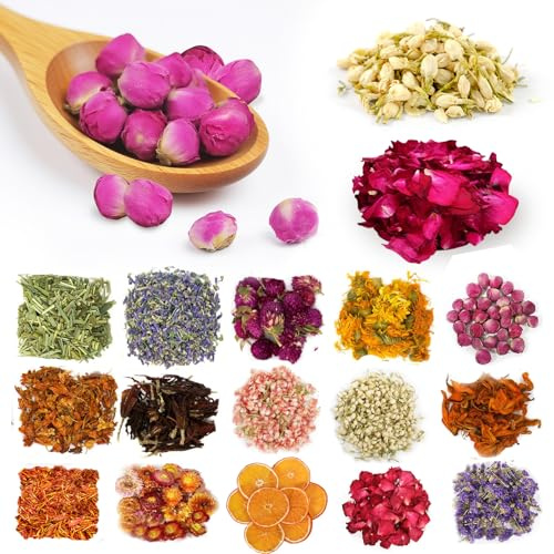SERAOKICKY Set di 15 Tipi di Fiori secchi per Sapone, Petali secchi, Erbe aromatiche, Lavanda, Rosa, Giglio, Gelsomino per Artigiani Fai da Te, Resina, Bombe da Bagno artistiche, Sapone, Candele.