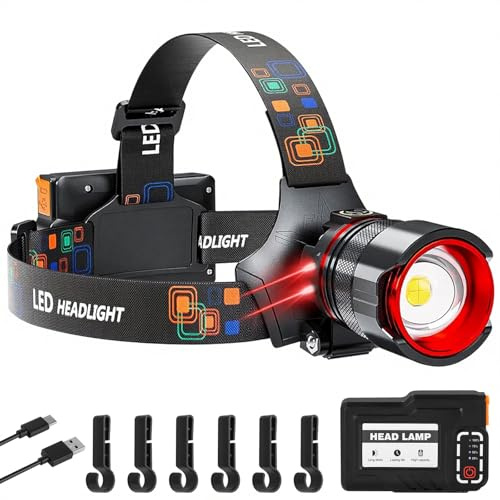 Linterna frontal LED recargable, 8000 lúmenes, muy brillante, con sensor de alcance de haz de 800 m, 3 modos de luz, luz continua de 10 h, linterna frontal LED para senderismo, ciclismo, pesca