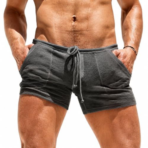MAHUAOYIXI Short de Musculation Homme Slim 3 Pouces Mini Shorts Course Respirant pour Running Gym Workout Entraînement avec Cordon de Serrage (Gris Foncé, L)
