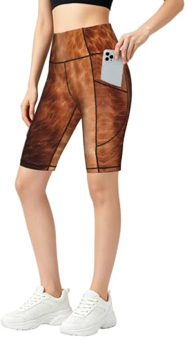 XTYGETY Pantalones cortos de ciclista con estampado de cuero vacuno marrón para mujer con bolsillos, pantalones cortos de yoga de cintura alta para mujer, para entrenamiento, correr, Negro, XXL