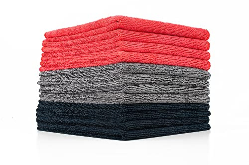 The Rag Company - All-Purpose Microfiber Terry Cleaning Towels - Commercial Grade, Highly Absorbent, Lint-Free, Streak-Free, Kitchens, Bathrooms, 300gsm, 16in x 16in, Red + Grey + Black (12-Pack)