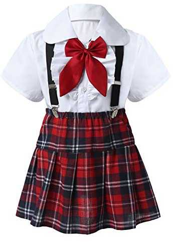 dPois Enfant Fille Uniforme Scolaire Japonais Robe Casual Été Tenue Chemise Jupe à Carreaux Ensemble de vêtements Ecolière Jupe Court Évasé avec Bretelles 4-14 Ans Blanc 9-10 Ans