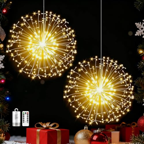 Redefun 2 pz Fuochi d'artificio Luci a Batteria,198LED Fata Luci,8 Modalità di Filo di Rame Luci Stringa con Telecomando,Impermeabile Luci di Natale per Interni Decorazioni Esterne(Bianco Caldo)
