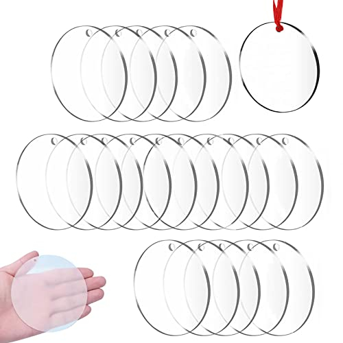 WIRSHO 20Pcs Clear Circle Acrylic Sheets 10CM | 4 Inch Acrylic Circle Blank Plates with Hole | Clear Circles Blanks Ornaments/w Color Thin Ribbon for Coasters Picture Painting Palettes DIY Crafts