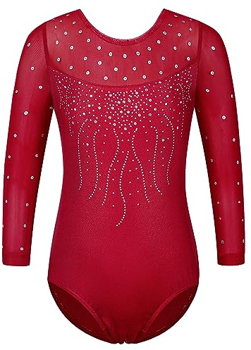 ZNYUNE Body da ginnastica per ragazze, a maniche lunghe/senza maniche, colorato, con brillantini, per atletica, balletto, danza, per bambini dai 3 ai 12 anni, B285, rosso vino, 10A
